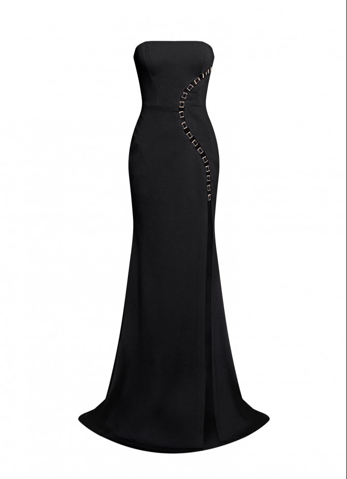 BLACK CREPE-BLEND CUT-OUT STRAPLESS GOWN